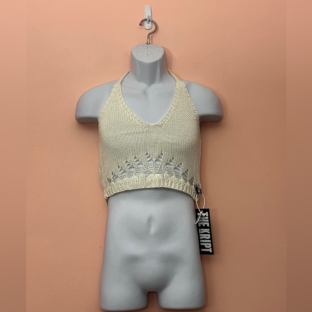 NWT The Kript XL Crochet Cropped Distressed Halter Tank Top